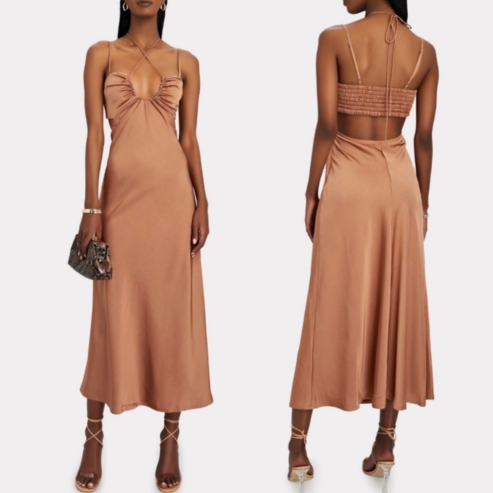 A.L.C. Sienna Cut Out Shirred Satin Midi Dress in Rawhide Brown Size:6 - Picture 3 of 14